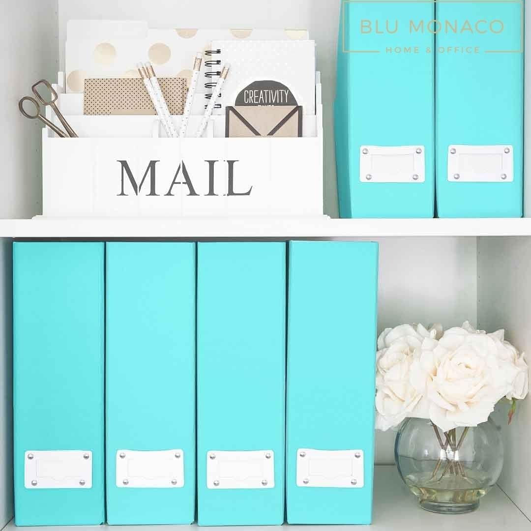 Set of 6 Foldable Aqua Magazine File Holders with White Leather Label Holders – Cute Book Organizers for Desk, Classroom, Shelves, and Home Office