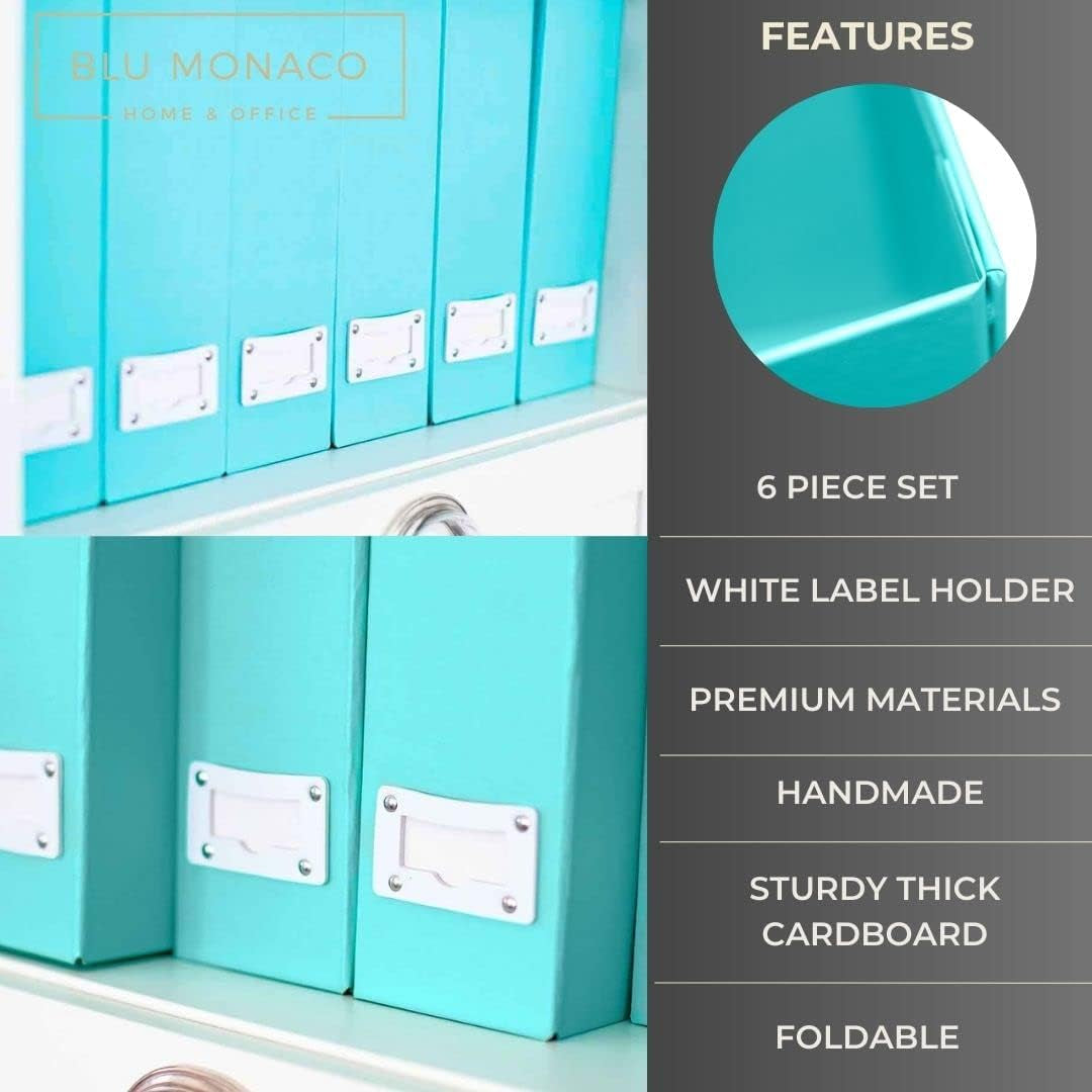 Set of 6 Foldable Aqua Magazine File Holders with White Leather Label Holders – Cute Book Organizers for Desk, Classroom, Shelves, and Home Office