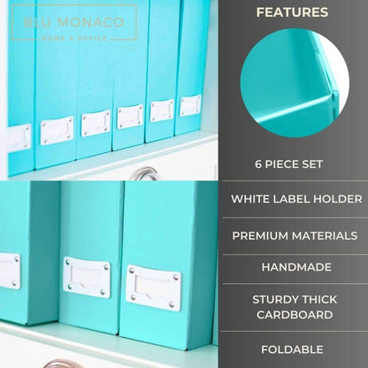 Set of 6 Foldable Aqua Magazine File Holders with White Leather Label Holders – Cute Book Organizers for Desk, Classroom, Shelves, and Home Office